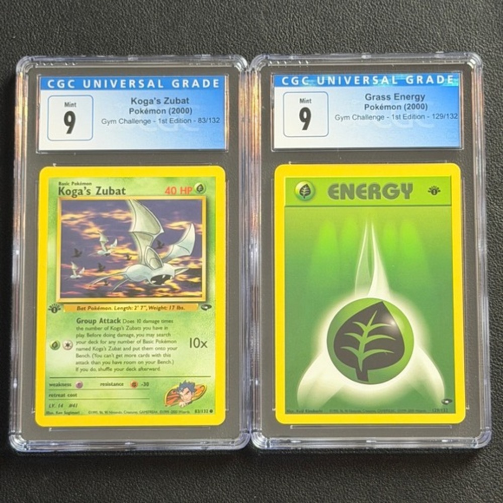 Koga's Zubat 1st Edition 83/132 + Leaf Energy CGC 9 Pokemon 2000 Gym Challenge